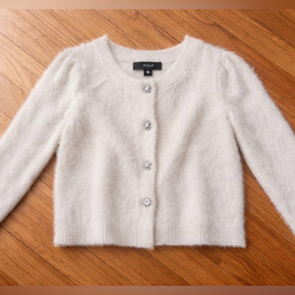 Girls Aqua Fuzzy Knit Cardigan – Off-White / Ivory - Picture 7 of 7